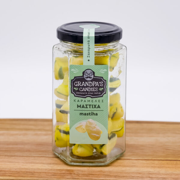 ΚΑΡΑΜΕΛΕΣ   ΒΑΖΑΚΙΑ ΓΥΑΛΙΣΤΕΡΕΣ ΚΑΡΑΜΕΛΕΣ ( JARS WITH SILKY CANDIES )  γεύση Μαστίχα